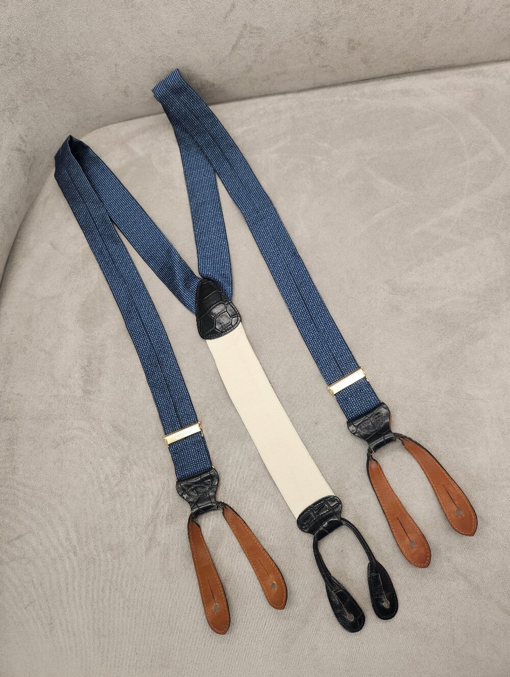 Trafalgar Suspenders Blue Woven Elastic Leather Button On Braces Made In England